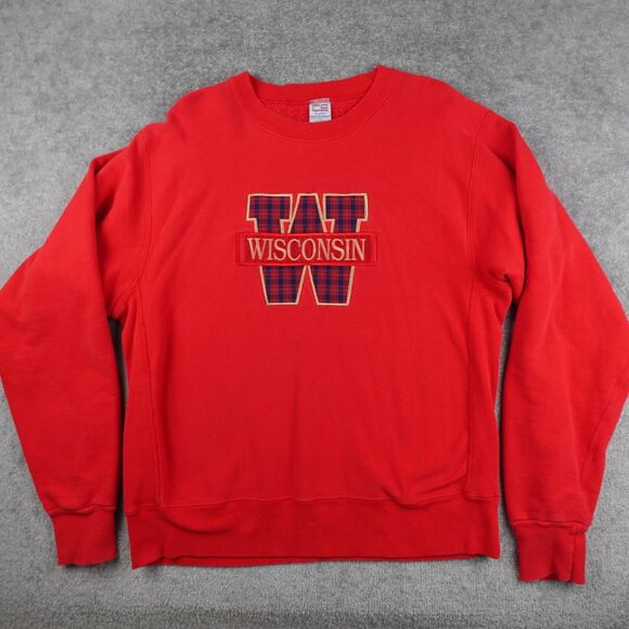 Vintage Wisconsin Badgers Sweatshirt Men XL Red Plaid Logo Spell out Embroidered - Picture 1 of 9